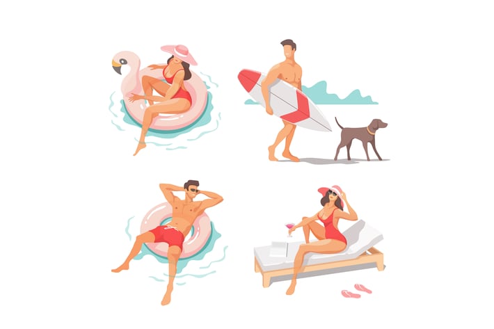 Set of People Performing Activities at Beach