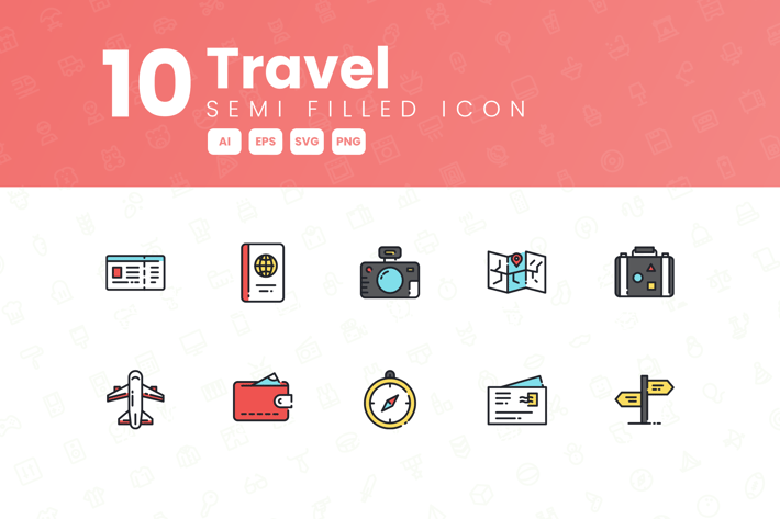 10 Travel Semi Filled Icon Collection