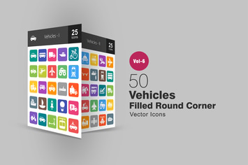 50 Vehicles Filled Round Corner Icons