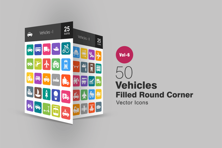 50 Vehicles Filled Round Corner Icons