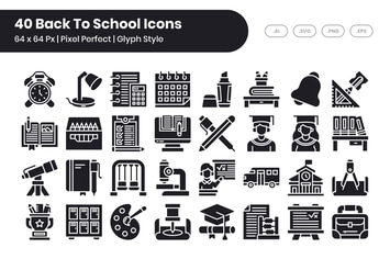 40 Back To School Icons Set - Glyph
