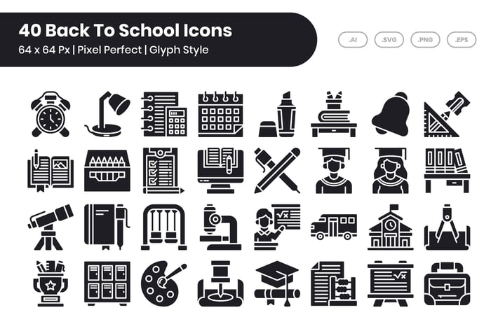 40 Back To School Icons Set - Glyph