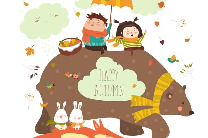 Happy kids with bear and fox. Vector illustration