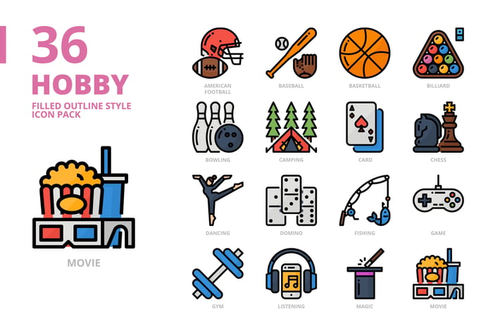 Hobby Filled Outline Style Icon Set