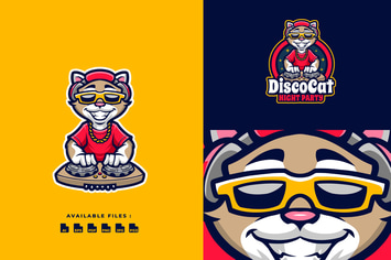 DJ Cat Disco Cartoon Mascot Character logo