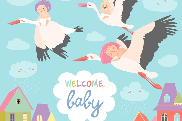 Storks is flying in the sky with babies 