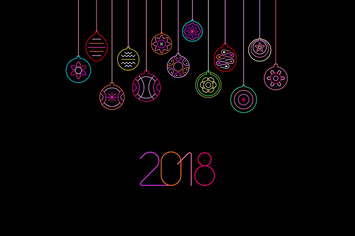 2018 New Year, Christmas balls neon vector design
