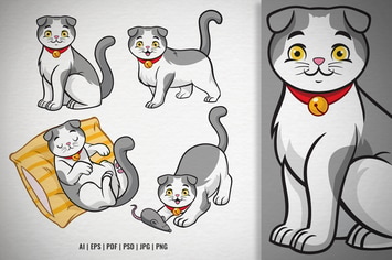 Set of Cartoon Scottish Fold Cat Vector