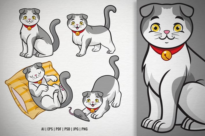 Set of Cartoon Scottish Fold Cat Vector