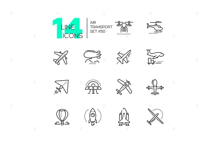 Air transport - thin line design icons set