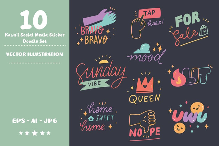 Kawaii Social Media Stickers Doodle Set