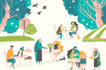 Many people sitting and drinking coffee at outdoor
