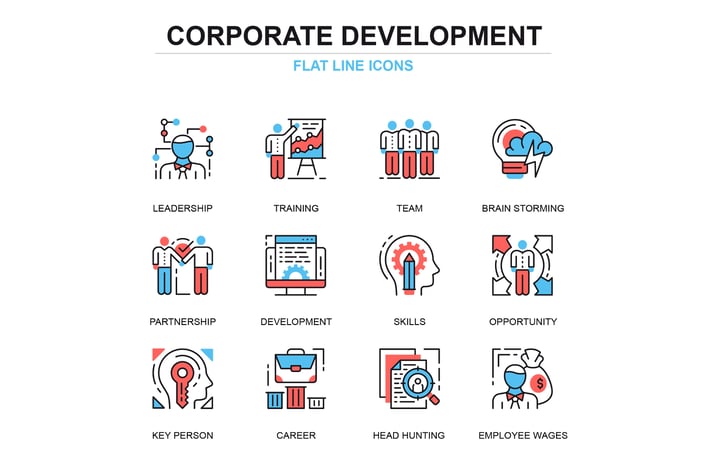 Thin line corporate development icons set