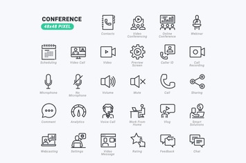 Thin Line Icons Set of Conference Call and Meeting