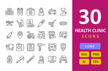30 Health Clinic Icons - Line