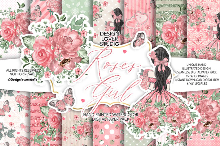 Roses Girl digital paper pack