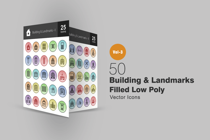 50 Buildings & Landmarks Filled Low Poly Icons
