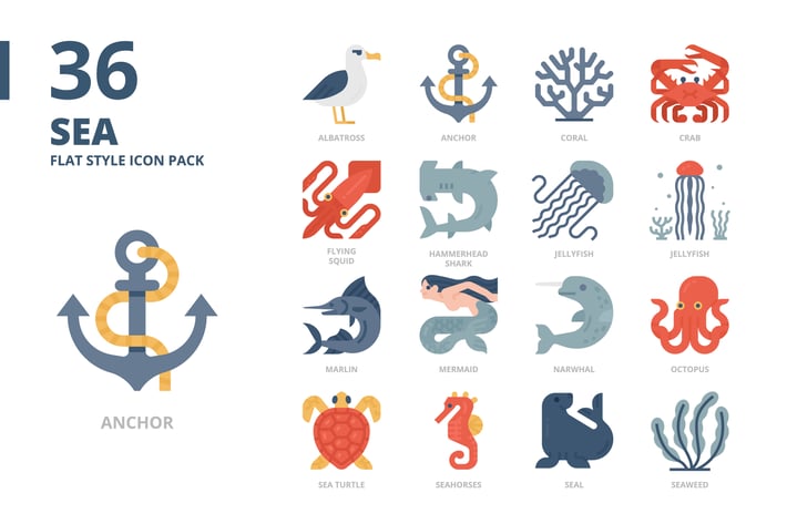 Sea Flat Style Icon Set