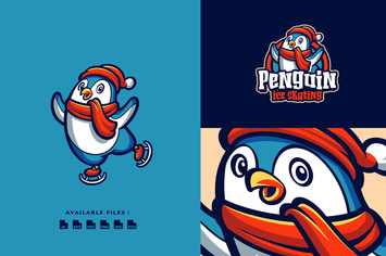 Penguin Ice Skating Cartoon Mascot Business Logo