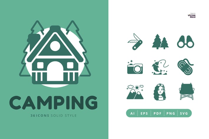 36 Icons of Camping Solid Style