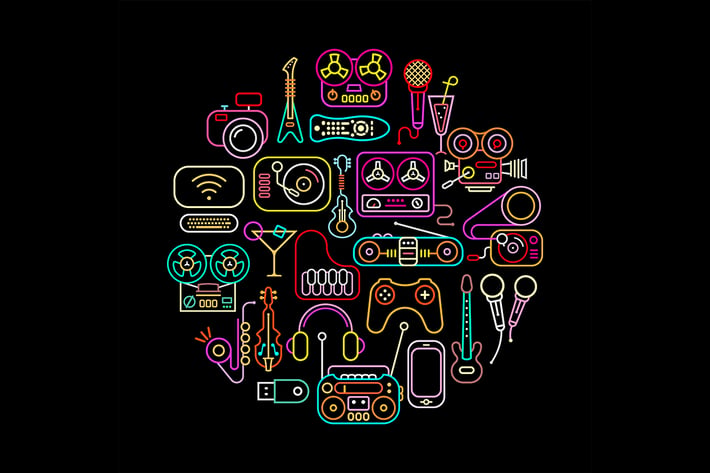 Neon colors electronic devices vector icon set