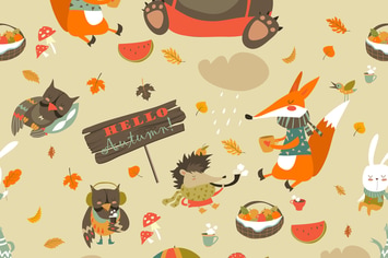 Autumn forest seamless pattern with cute animals
