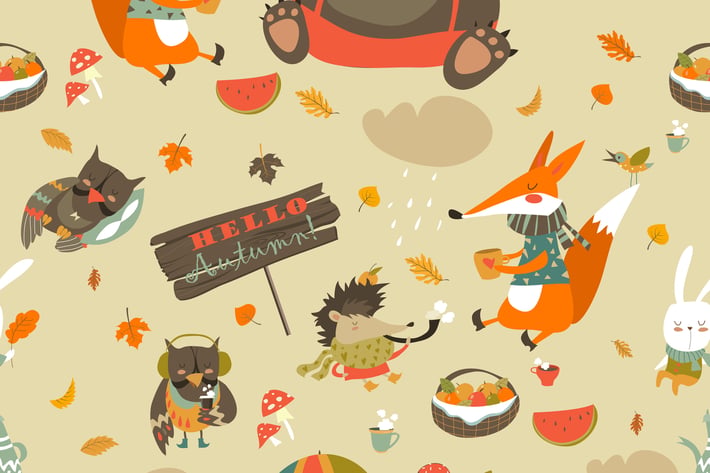 Autumn forest seamless pattern with cute animals