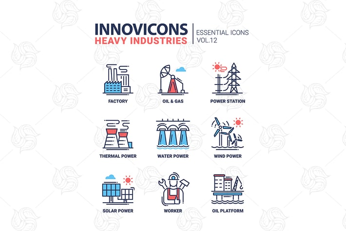 Heavy industry line design icons set