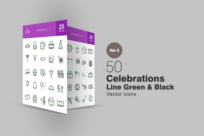 50 Celebrations Line Green & Black Icons