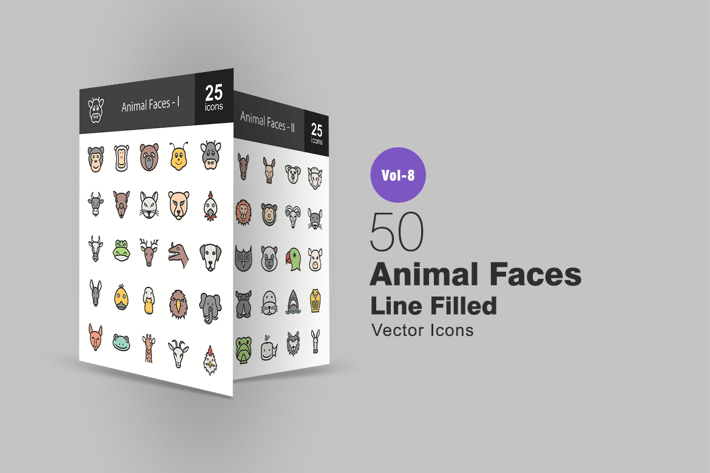 50 Animal Faces Line Filled Icons