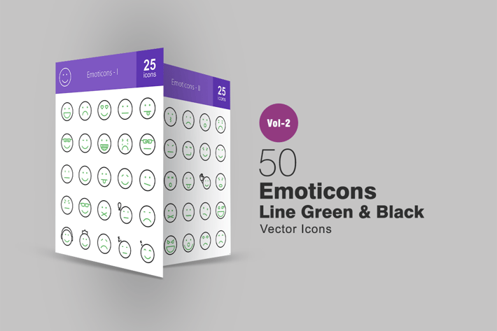 50 Emoticons Line Green & Black Icons