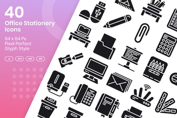 40 Office Stationery Icons Set - Glyph