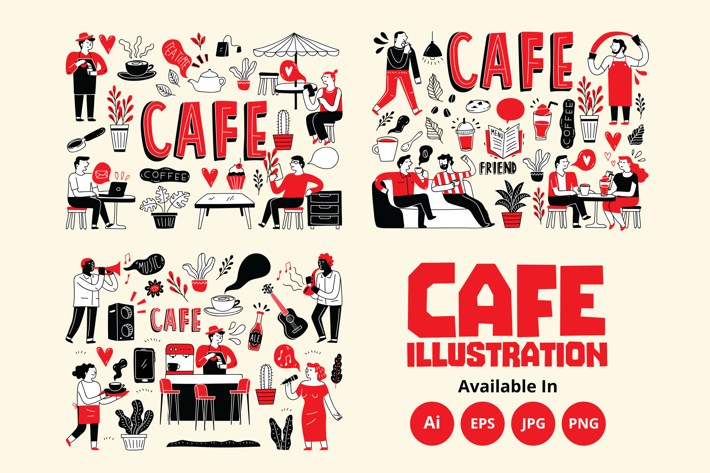 Cafe, coworking space, hangout, live music doodles