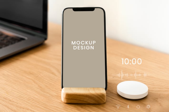 Smartphone screen mockup with smart speaker