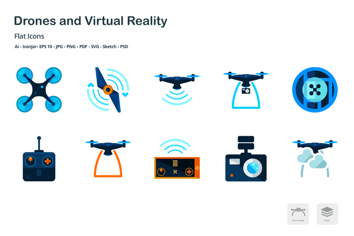 Drones and Virtual Reality Flat Colored Icons