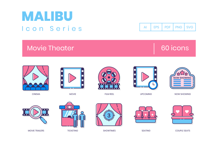 60 Movie Theater Line Icons 