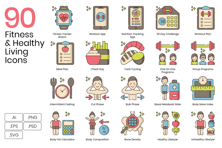 90 Fitness & Healthy Living Line Icons