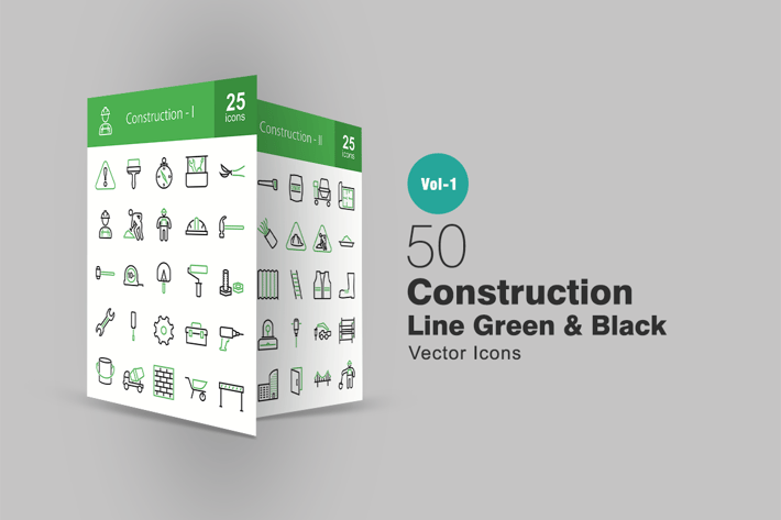 50 Construction Line Green & Black Icons