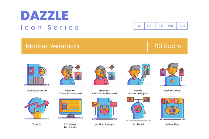 80 Market Research Line Icons