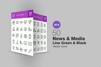 50 News & Media Green & Black Line Icons