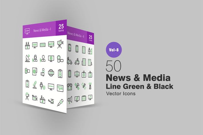 50 News & Media Green & Black Line Icons