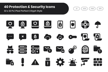40 Protection & Security Icons Set - Glyph