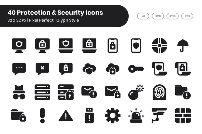 40 Protection & Security Icons Set - Glyph
