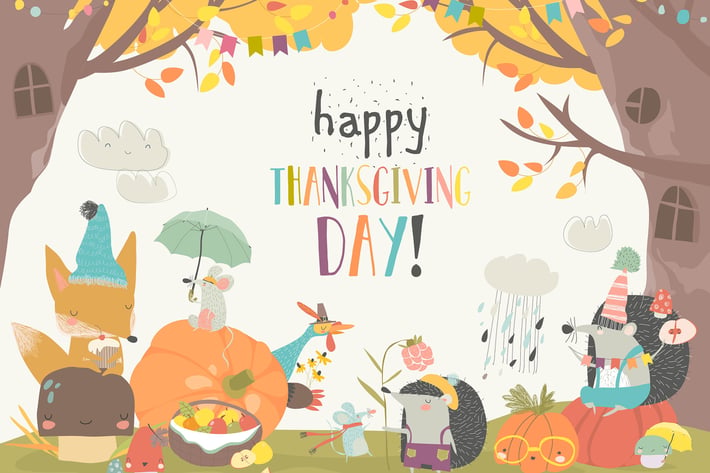 Cute animals celebrating Thanksgiving day. Vector 