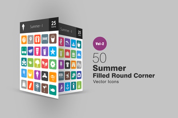 50 Summer Filled Round Corner Icons