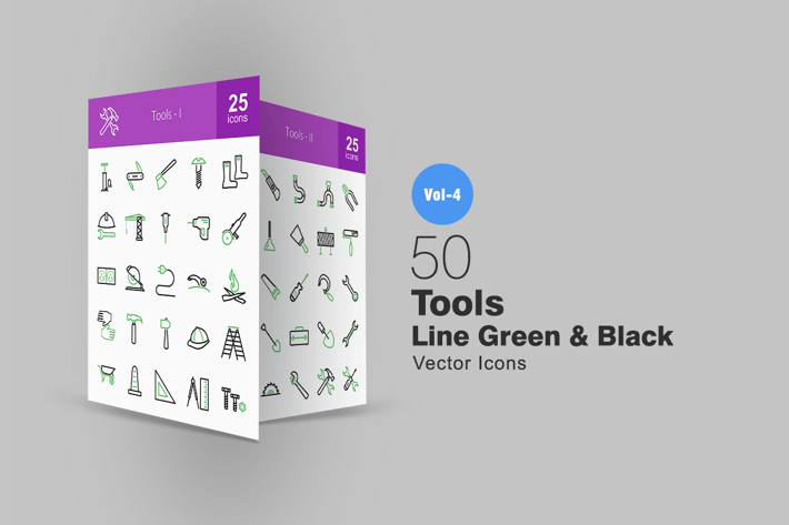 50 Tools Line Green & Black Icons