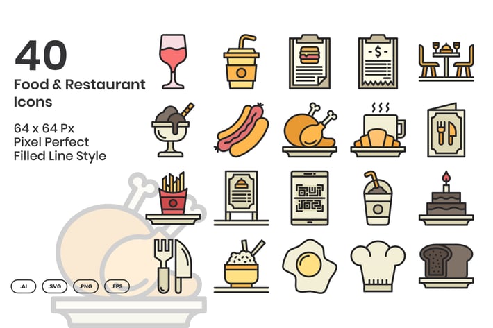 40 Food & Restaurant Icons Set - Filled Line