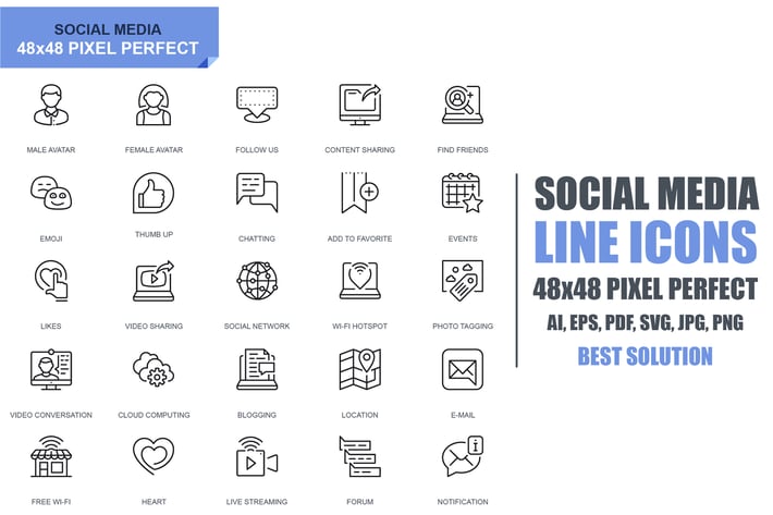 Simple Set Social Media and Network Line Icons