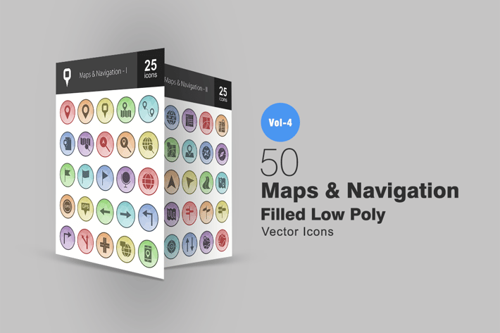 50 Maps & Navigation Filled Low Poly Icons