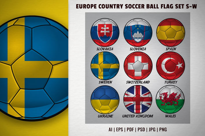 Europe Country Soccer Ball Flag Set S-W